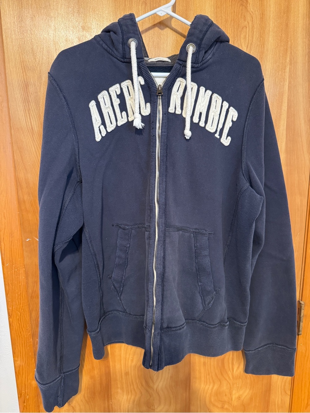 Abercrombie & Fitch Navy Hoodie with Cream Lettering and Drawstrings